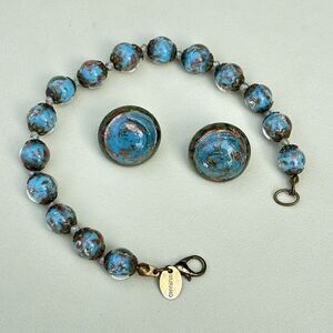 Vintage Murano Glass Bracelet and Clip On Earrings Set Blue Copper Foil Italy